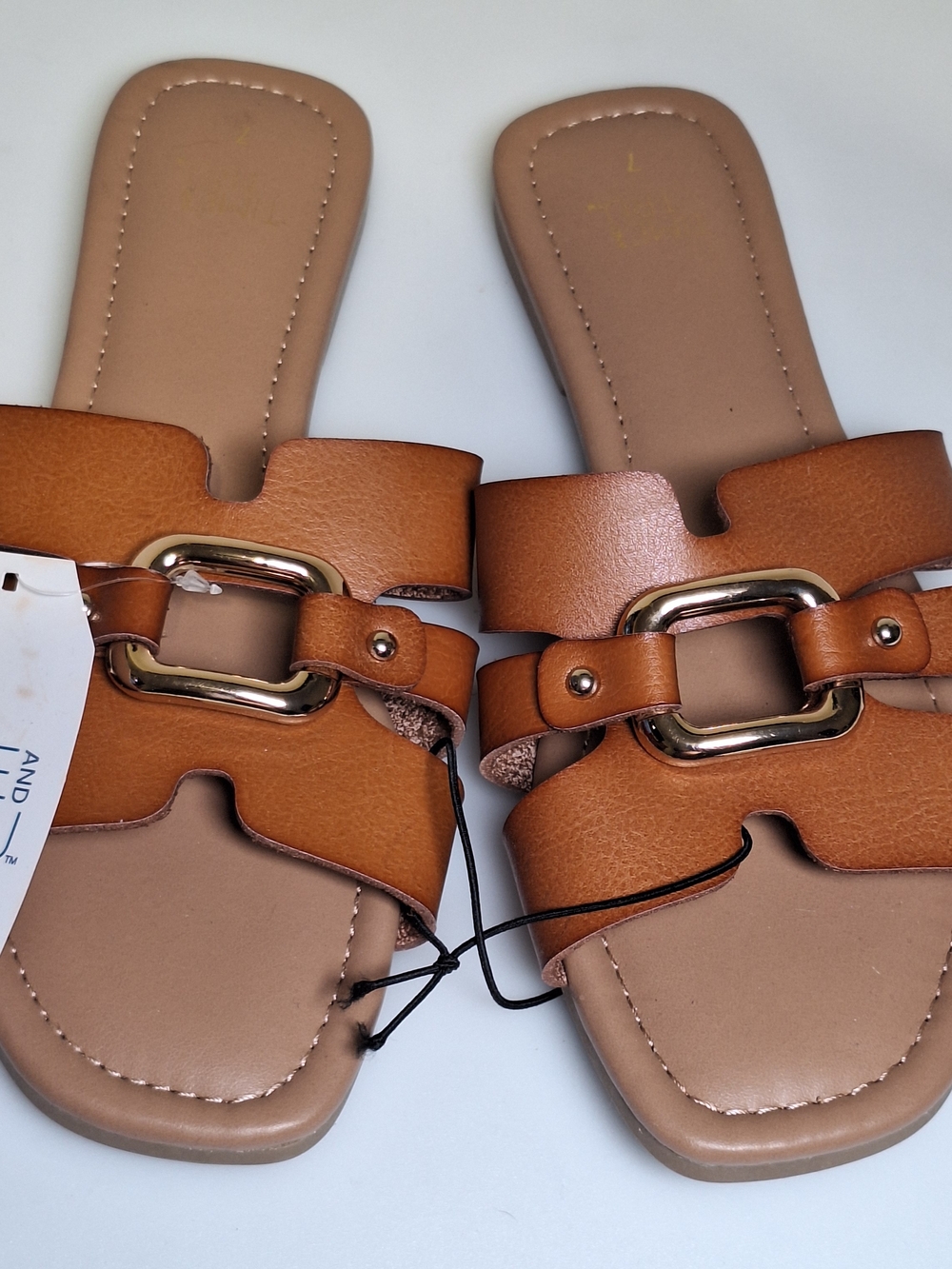 Time and Tru Cognac Slide Sandals with Gold Buckle Detail